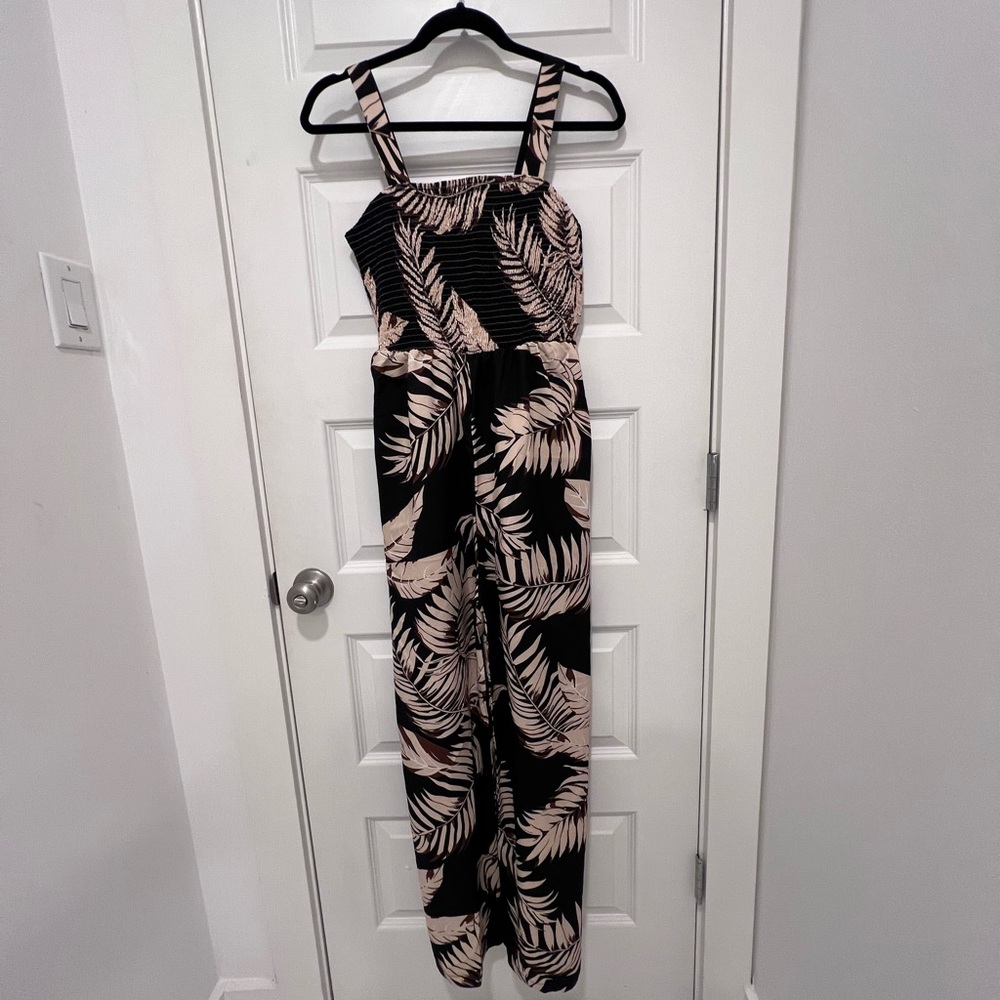 Cream and Black Tropical Print Jumpsuit with Spaghetti Straps